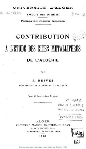 Contribution à l'étude des gîtes métallifères de l'Algérie
