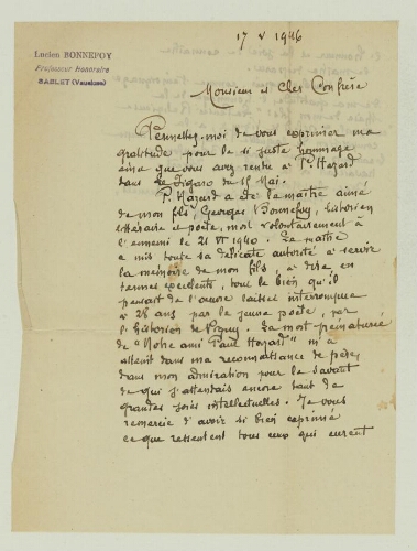 Correspondance adressée à la Revue de littérature comparée 1946