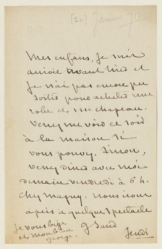 Lettre du 20 janvier 1870 de George Sand à Esther et Eugène Lambert