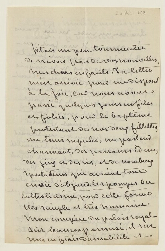 Lettre du 20 décembre 1868 de George Sand à Esther Lambert