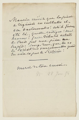 Lettre du 22 janvier 1854 de George Sand à Eugène Lambert
