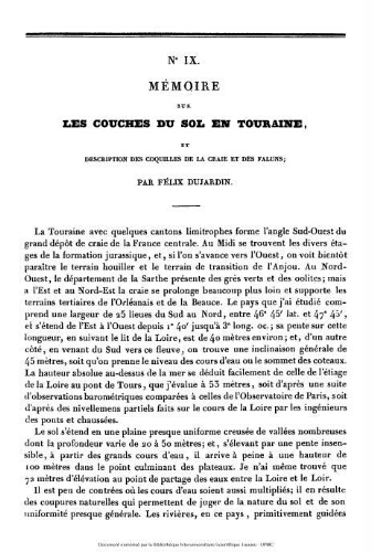 Mémoire sur les couches du sol en Touraine et descriptions des coquilles de la craie des faluns