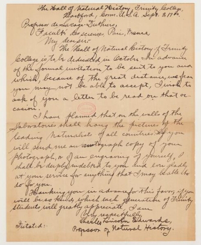 Correspondance de Charles Lincoln Edwards et Henri de Lacaze-Duthiers