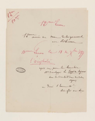10ème leçon, 12ème année d'enseignement en Sorbonne, 13 décembre 1879 - L'Acéphale, branchie et corps de Bojanus.