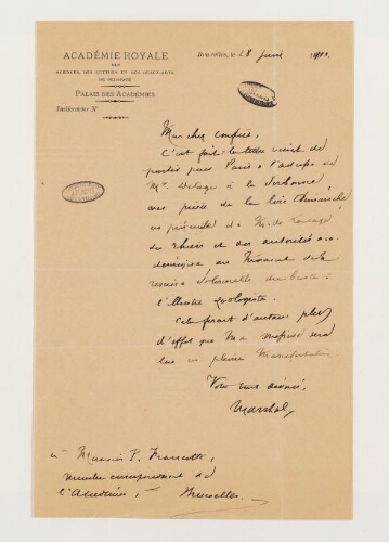 Correspondance de l'Académie royale de Belgique et Henri de Lacaze-Duthiers