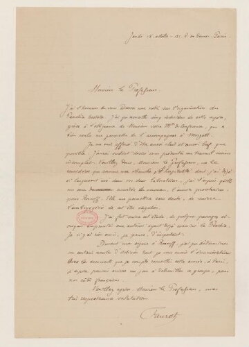 Note sur le développement des nématocystes du Cérianthe, Lionel Faurot : lettre, manuscrit.
