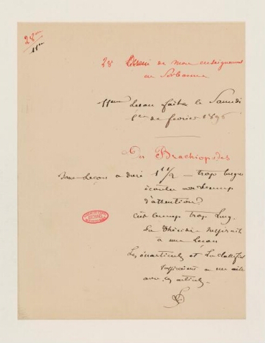 11ème leçon, 28ème année d'enseignement en Sorbonne, 1er février 1896 - Brachiopodes.