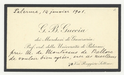 Correspondance de Giovanni Battista Guccia à Robert de Montessus de Ballore