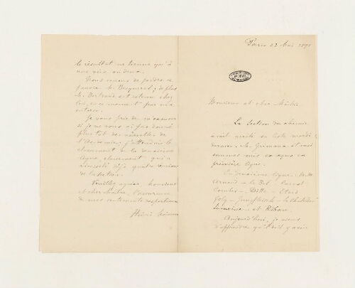 Correspondance de Henri Moissan et Henri de Lacaze-Duthiers