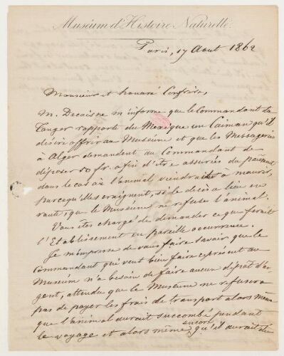 Correspondance d'Auguste Dumeril et Henri de Lacaze-Duthiers