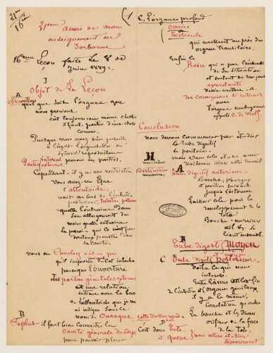 16ème leçon, 21ème année d'enseignement en Sorbonne, 8 juin 1889 - Développement de l’intestin.