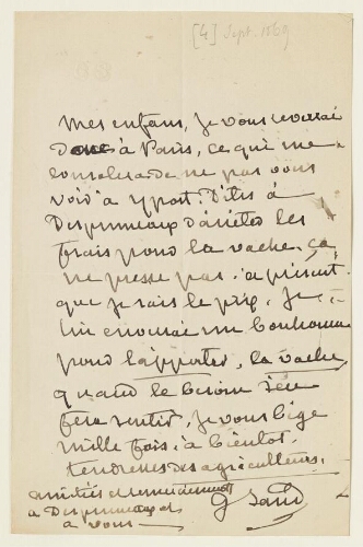 Lettre du 4 septembre 1869 de George Sand à Esther et Eugène Lambert