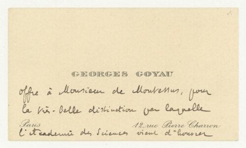 Correspondance de Georges Goyau à Robert de Montessus de Ballore