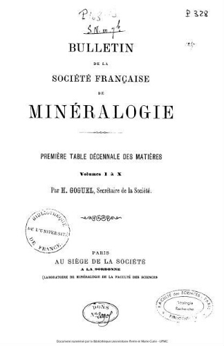 Bulletin de la Société minéralogique de France. Première table décennale des matières