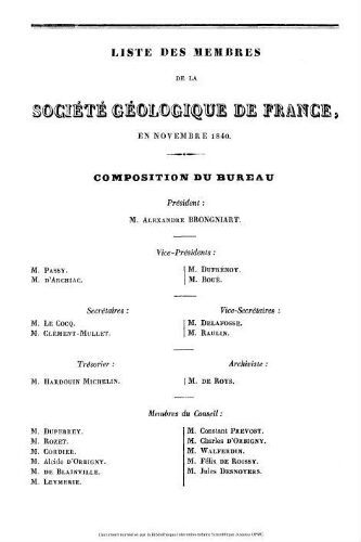 Liste des membres de la Société Géologique de France en novembre 1840.
