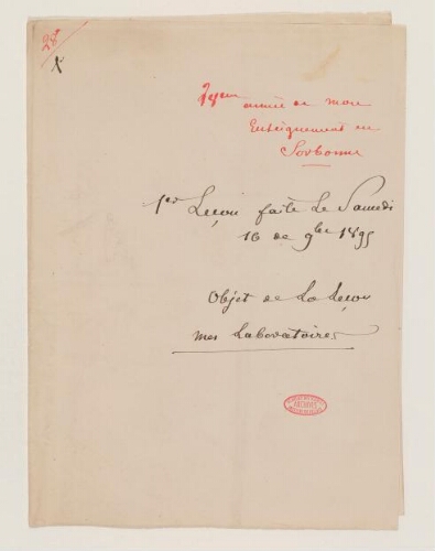 1ère leçon, 28ème année d'enseignement en Sorbonne, 16 novembre 1895 - Mes laboratoires. Excursions et ennuis de Banyuls.