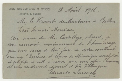 Correspondance d'Eduardo Surmely à Robert de Montessus de Ballore