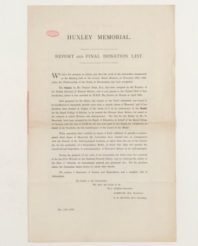 Correspondance de l'Huxley memorial et Henri de Lacaze-Duthiers