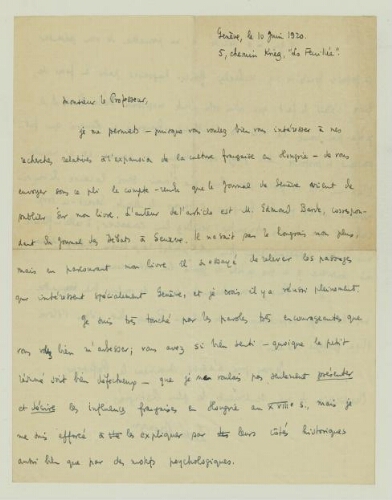 Correspondance reçue par Paul Hazard en 1920