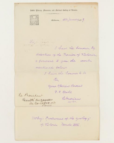 Correspondance de la National Gallery of Victoria et Henri de Lacaze-Duthiers