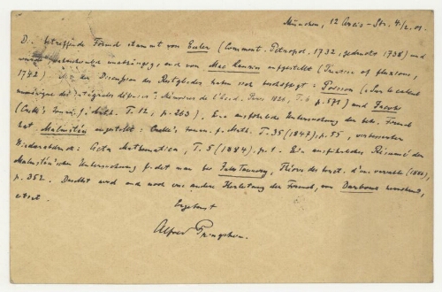 Correspondance d'Alfred Israel Pringsheim à Robert de Montessus de Ballore