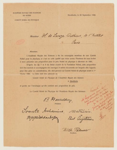 Prix Nobel de physique de 1901, Gabriel Lippmann proposé au comité par Henri Lacaze-Duthiers : correspondance, statut et règlement de la fondation Nobel.