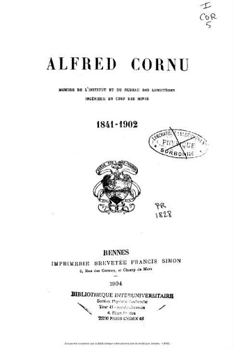 Recueil des travaux et discours d'A. Cornu parus de 1863 à 1904 dans des publications françaises et étrangères. Volume 5