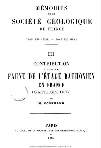 Contribution a l'étude de la faune de l'étage bathonien en France (Gastropodes)