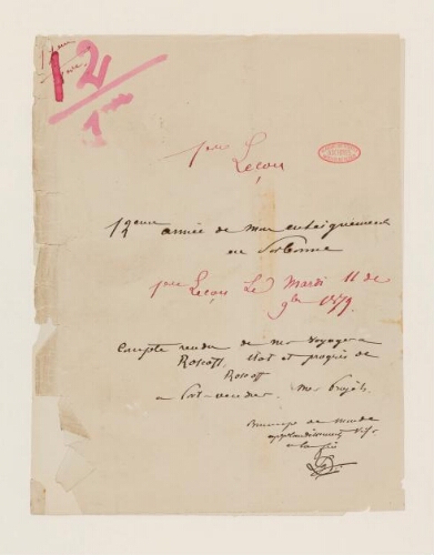 1ère leçon, 12ème année d'enseignement en Sorbonne, 11 novembre 1879 - Compte-rendu de mes voyages à Roscoff, état et progrès de Roscoff.