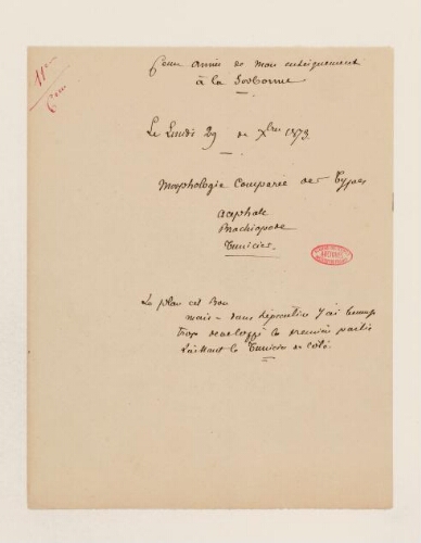 11ème leçon, 6ème année d'enseignement en Sorbonne, 29 décembre 1873 - Morphologie comparée des types Acéphales, Brachiopode et Tunicier.