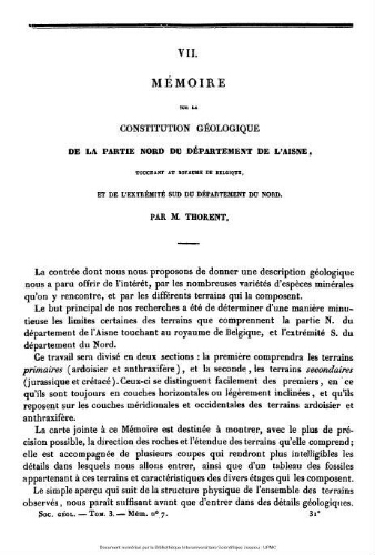 Mémoire sur la constitution géologique de la partie nord du département de l'Aisne : touchant au Royaume de Belgique et de l'extrémité sud du département du nord