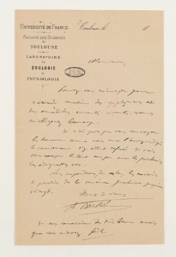 Correspondance de François Prosper Aimer Barthélémy et Henri de Lacaze-Duthiers