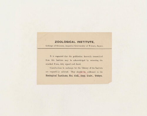 Correspondance du Zoological Institute de l'Université de Tokyo et Henri de Lacaze-Duthiers