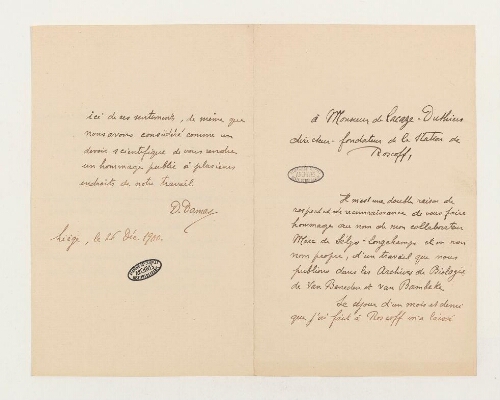 Correspondance de Désiré Damas et Henri de Lacaze-Duthiers