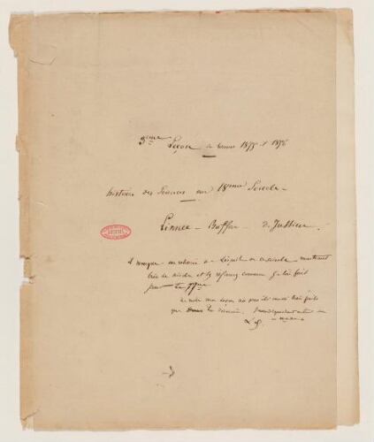 3ème leçon, 2ème année d'enseignement à Lille, 1855 - Histoire des sciences au XVIIIième siècle, Linné, Buffon, de Jussieu.