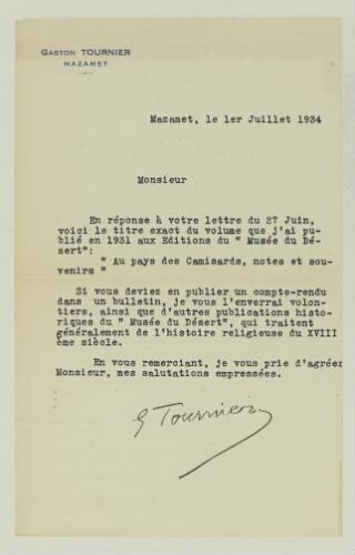 Correspondance reçue par Paul Hazard en 1934. Lettre de Gaston Tournier, carnet de timbres du Musée du Désert, une brochure du Musée du Désert.