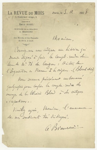 Correspondance d'Antoine Bianconi à Robert de Montessus de Ballore