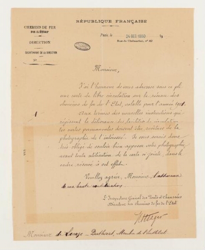 Correspondance des Chemins de fer de l'État et Henri de Lacaze-Duthiers