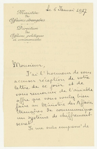 Correspondance du Ministère des Affaires étrangères à Robert de Montessus de Ballore